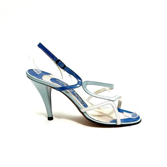 Vintage 1980s blue tri tone leather thin strap asymmetrical slingback heels - Picture 1 of 8
